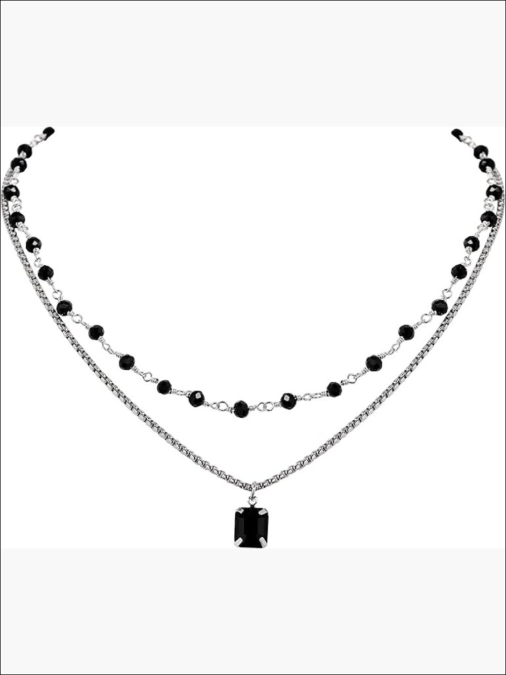 Stainless Steel Layered Choker Necklace with Crystal Pendant